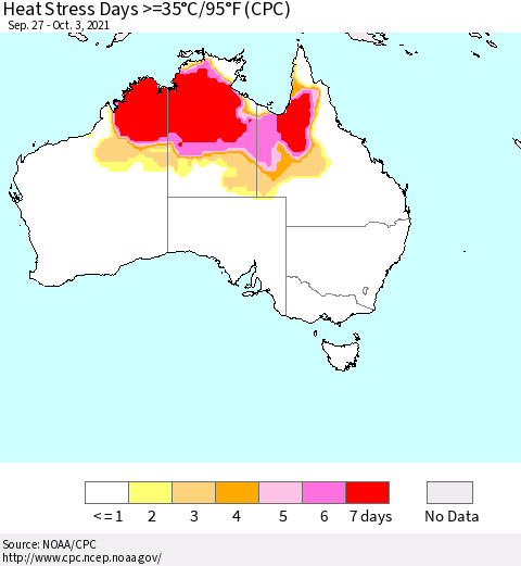 Australia Heat Stress Days >=35°C/95°F (CPC) Thematic Map For 9/27/2021 - 10/3/2021