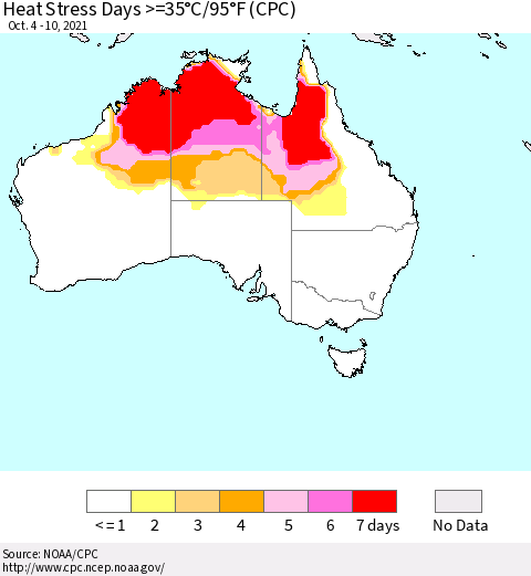 Australia Heat Stress Days >=35°C/95°F (CPC) Thematic Map For 10/4/2021 - 10/10/2021