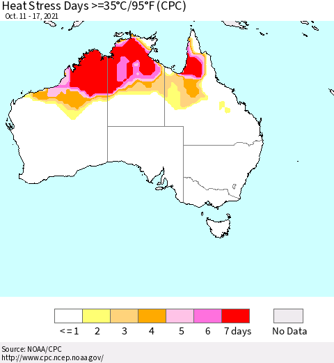 Australia Heat Stress Days >=35°C/95°F (CPC) Thematic Map For 10/11/2021 - 10/17/2021