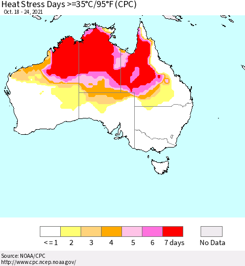 Australia Heat Stress Days >=35°C/95°F (CPC) Thematic Map For 10/18/2021 - 10/24/2021