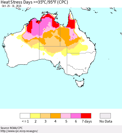 Australia Heat Stress Days >=35°C/95°F (CPC) Thematic Map For 10/25/2021 - 10/31/2021