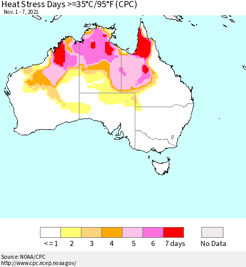 Australia Heat Stress Days >=35°C/95°F (CPC) Thematic Map For 11/1/2021 - 11/7/2021
