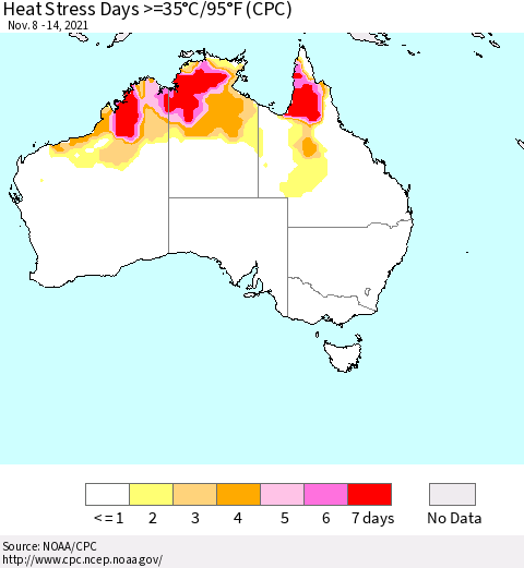 Australia Heat Stress Days >=35°C/95°F (CPC) Thematic Map For 11/8/2021 - 11/14/2021