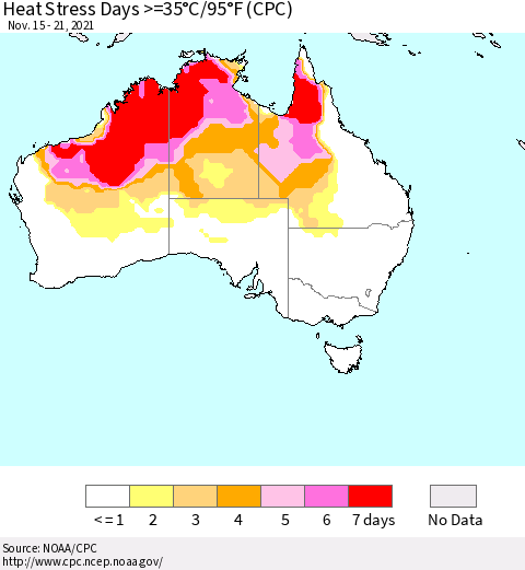 Australia Heat Stress Days >=35°C/95°F (CPC) Thematic Map For 11/15/2021 - 11/21/2021