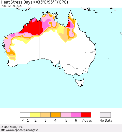 Australia Heat Stress Days >=35°C/95°F (CPC) Thematic Map For 11/22/2021 - 11/28/2021