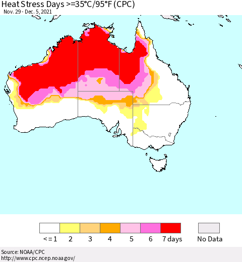 Australia Heat Stress Days >=35°C/95°F (CPC) Thematic Map For 11/29/2021 - 12/5/2021