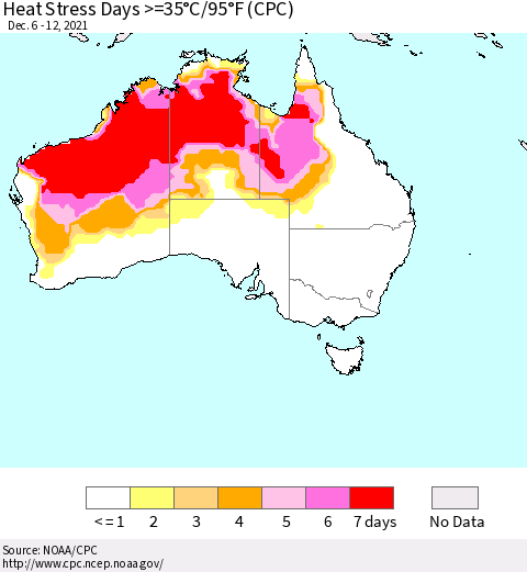 Australia Heat Stress Days >=35°C/95°F (CPC) Thematic Map For 12/6/2021 - 12/12/2021