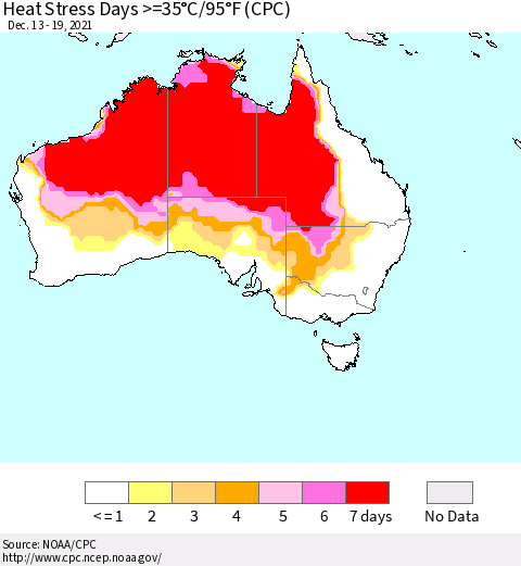 Australia Heat Stress Days >=35°C/95°F (CPC) Thematic Map For 12/13/2021 - 12/19/2021
