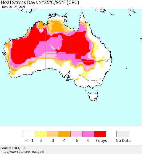 Australia Heat Stress Days >=35°C/95°F (CPC) Thematic Map For 12/20/2021 - 12/26/2021
