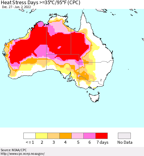 Australia Heat Stress Days >=35°C/95°F (CPC) Thematic Map For 12/27/2021 - 1/2/2022