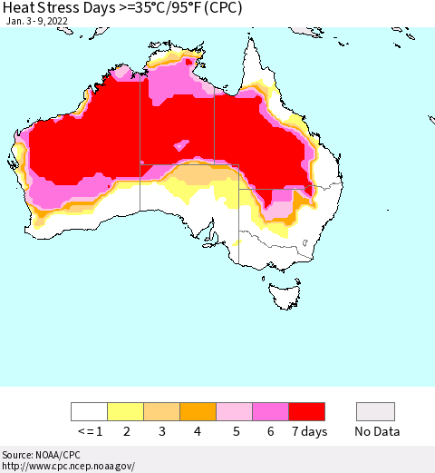 Australia Heat Stress Days >=35°C/95°F (CPC) Thematic Map For 1/3/2022 - 1/9/2022