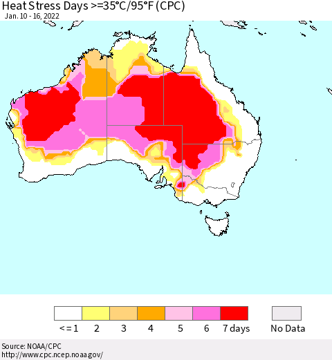 Australia Heat Stress Days >=35°C/95°F (CPC) Thematic Map For 1/10/2022 - 1/16/2022