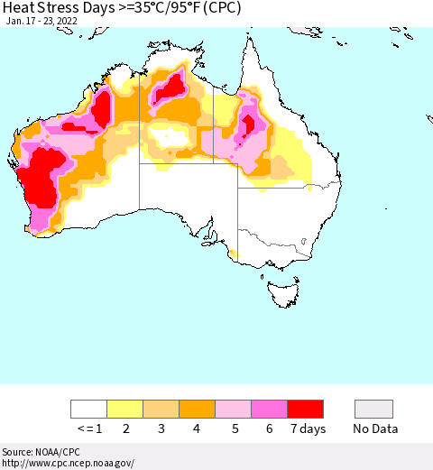 Australia Heat Stress Days >=35°C/95°F (CPC) Thematic Map For 1/17/2022 - 1/23/2022