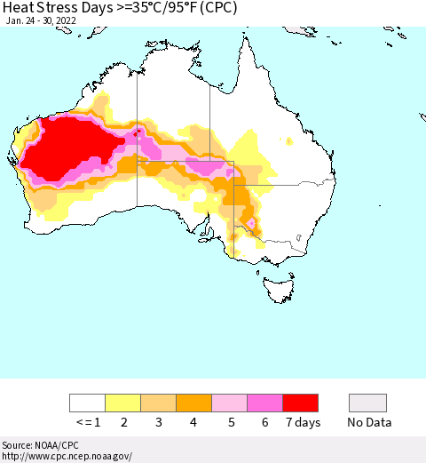 Australia Heat Stress Days >=35°C/95°F (CPC) Thematic Map For 1/24/2022 - 1/30/2022