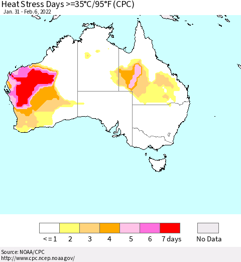 Australia Heat Stress Days >=35°C/95°F (CPC) Thematic Map For 1/31/2022 - 2/6/2022