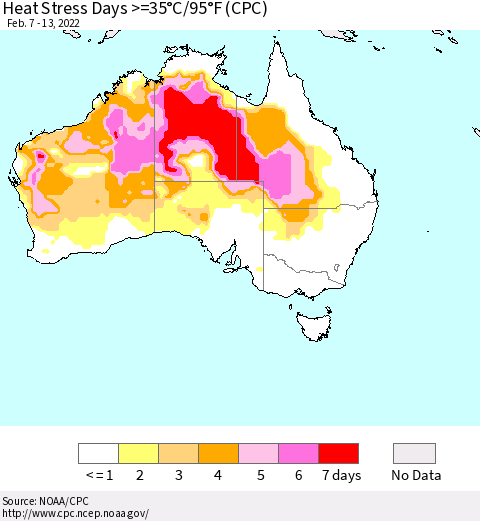 Australia Heat Stress Days >=35°C/95°F (CPC) Thematic Map For 2/7/2022 - 2/13/2022