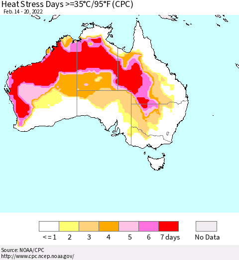 Australia Heat Stress Days >=35°C/95°F (CPC) Thematic Map For 2/14/2022 - 2/20/2022