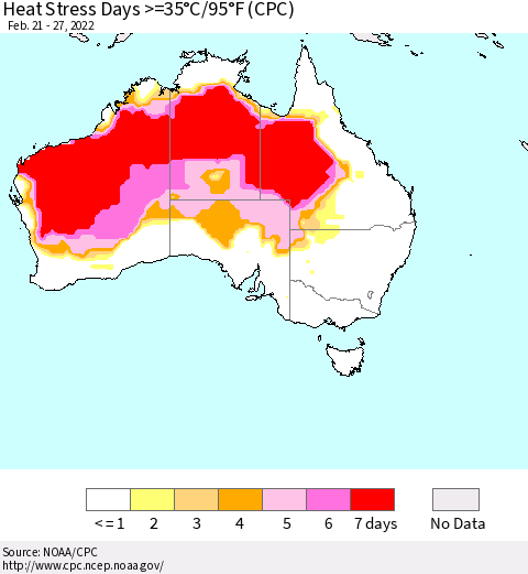 Australia Heat Stress Days >=35°C/95°F (CPC) Thematic Map For 2/21/2022 - 2/27/2022