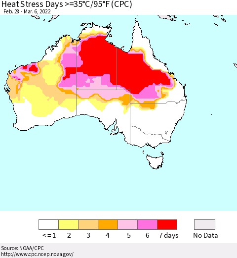 Australia Heat Stress Days >=35°C/95°F (CPC) Thematic Map For 2/28/2022 - 3/6/2022