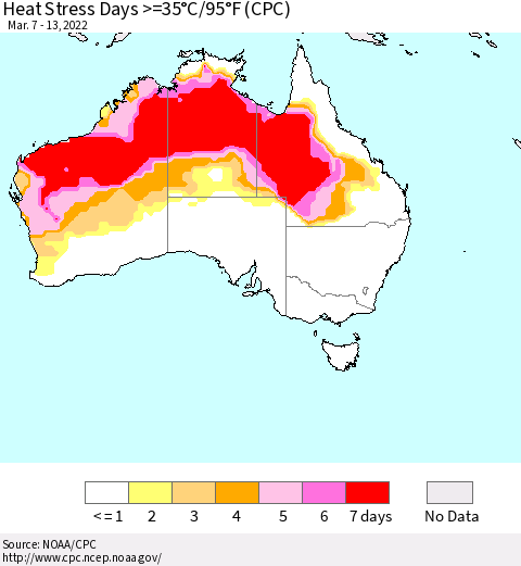Australia Heat Stress Days >=35°C/95°F (CPC) Thematic Map For 3/7/2022 - 3/13/2022