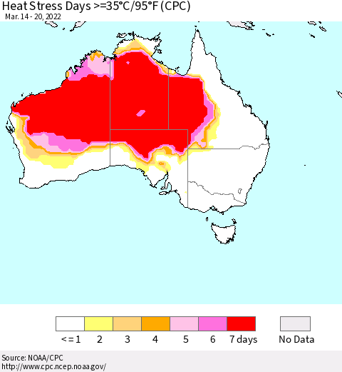 Australia Heat Stress Days >=35°C/95°F (CPC) Thematic Map For 3/14/2022 - 3/20/2022