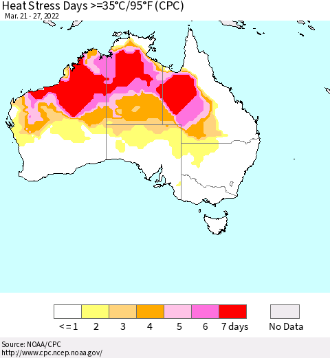 Australia Heat Stress Days >=35°C/95°F (CPC) Thematic Map For 3/21/2022 - 3/27/2022