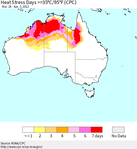 Australia Heat Stress Days >=35°C/95°F (CPC) Thematic Map For 3/28/2022 - 4/3/2022
