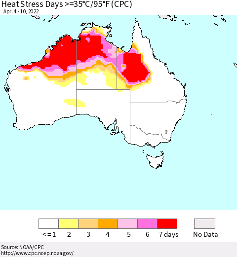 Australia Heat Stress Days >=35°C/95°F (CPC) Thematic Map For 4/4/2022 - 4/10/2022