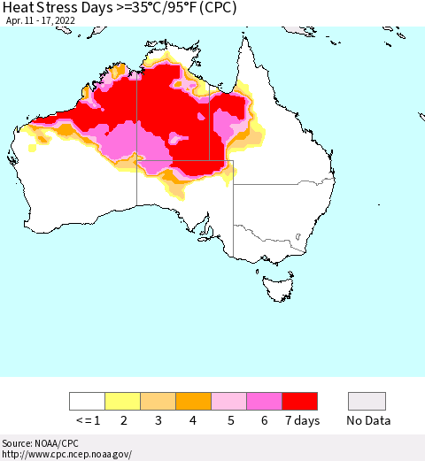 Australia Heat Stress Days >=35°C/95°F (CPC) Thematic Map For 4/11/2022 - 4/17/2022