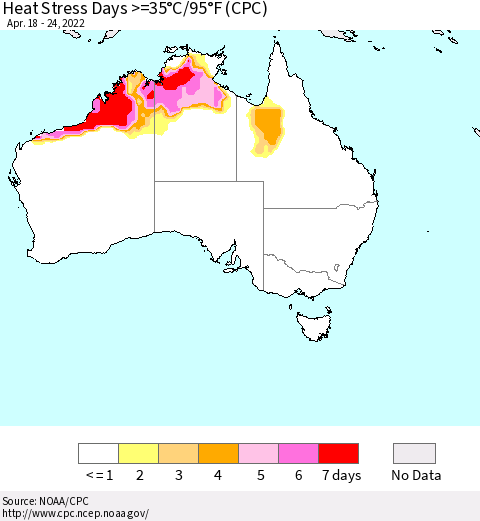 Australia Heat Stress Days >=35°C/95°F (CPC) Thematic Map For 4/18/2022 - 4/24/2022