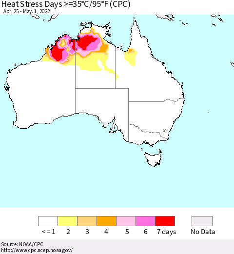 Australia Heat Stress Days >=35°C/95°F (CPC) Thematic Map For 4/25/2022 - 5/1/2022