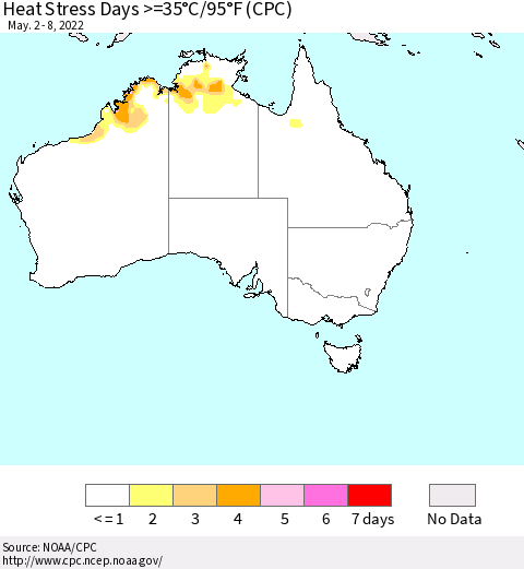 Australia Heat Stress Days >=35°C/95°F (CPC) Thematic Map For 5/2/2022 - 5/8/2022