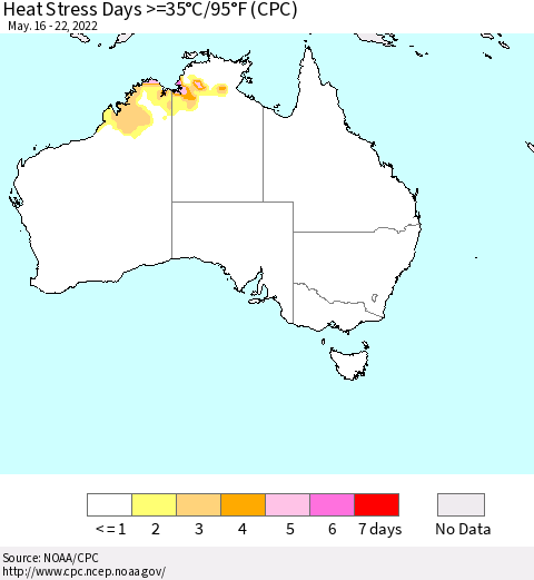 Australia Heat Stress Days >=35°C/95°F (CPC) Thematic Map For 5/16/2022 - 5/22/2022