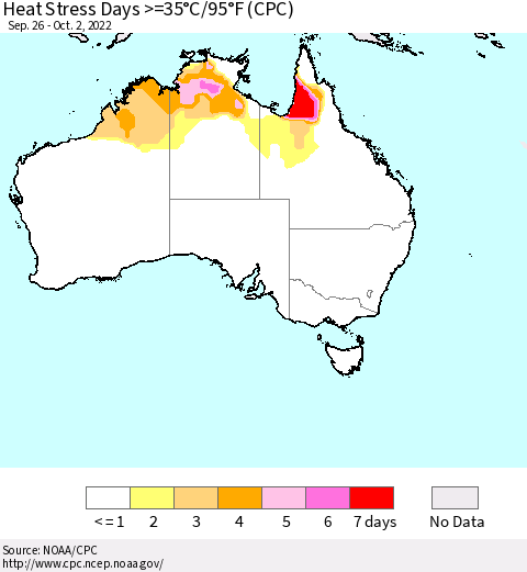 Australia Heat Stress Days >=35°C/95°F (CPC) Thematic Map For 9/26/2022 - 10/2/2022
