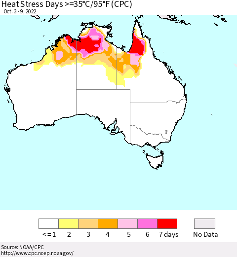 Australia Heat Stress Days >=35°C/95°F (CPC) Thematic Map For 10/3/2022 - 10/9/2022