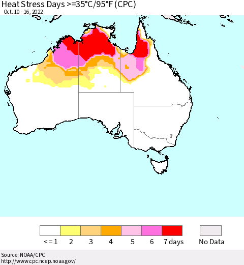 Australia Heat Stress Days >=35°C/95°F (CPC) Thematic Map For 10/10/2022 - 10/16/2022
