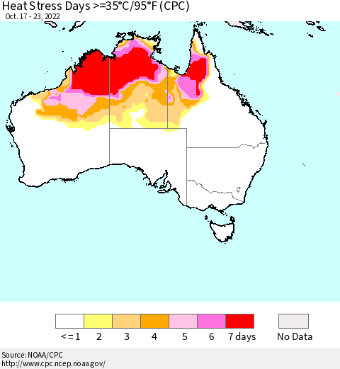 Australia Heat Stress Days >=35°C/95°F (CPC) Thematic Map For 10/17/2022 - 10/23/2022