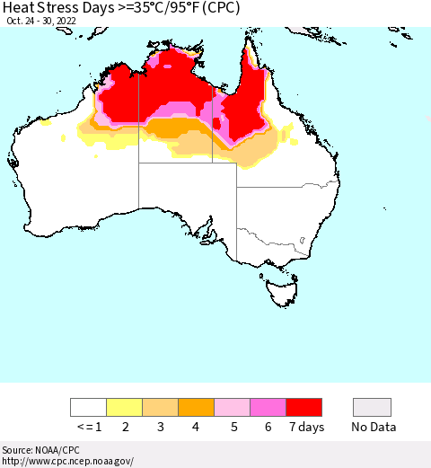 Australia Heat Stress Days >=35°C/95°F (CPC) Thematic Map For 10/24/2022 - 10/30/2022