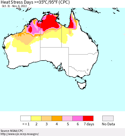 Australia Heat Stress Days >=35°C/95°F (CPC) Thematic Map For 10/31/2022 - 11/6/2022