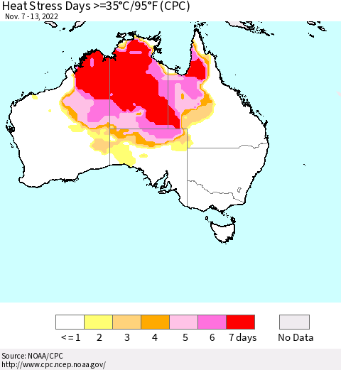 Australia Heat Stress Days >=35°C/95°F (CPC) Thematic Map For 11/7/2022 - 11/13/2022