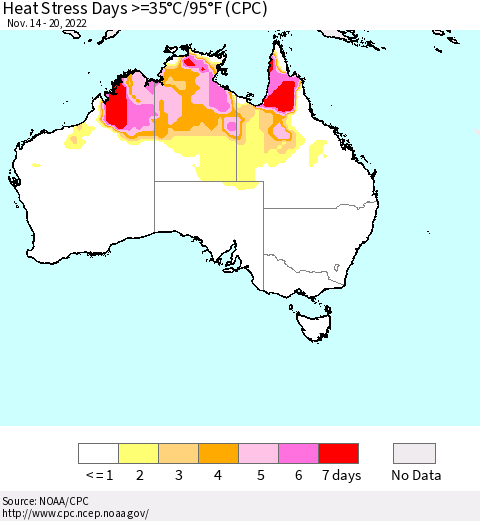 Australia Heat Stress Days >=35°C/95°F (CPC) Thematic Map For 11/14/2022 - 11/20/2022