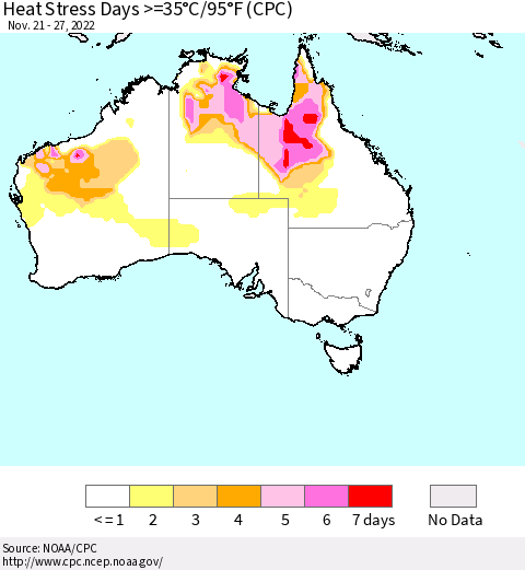 Australia Heat Stress Days >=35°C/95°F (CPC) Thematic Map For 11/21/2022 - 11/27/2022