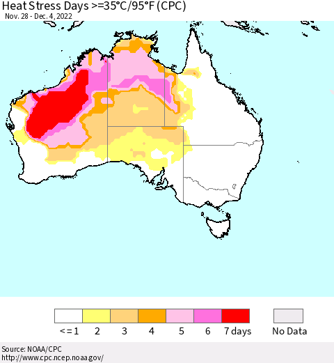 Australia Heat Stress Days >=35°C/95°F (CPC) Thematic Map For 11/28/2022 - 12/4/2022