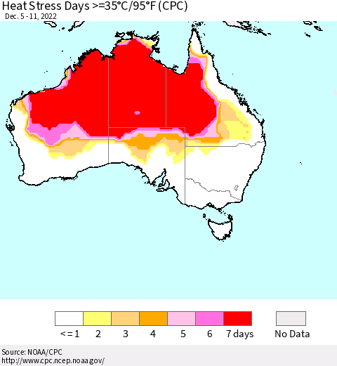 Australia Heat Stress Days >=35°C/95°F (CPC) Thematic Map For 12/5/2022 - 12/11/2022