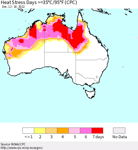 Australia Heat Stress Days >=35°C/95°F (CPC) Thematic Map For 12/12/2022 - 12/18/2022