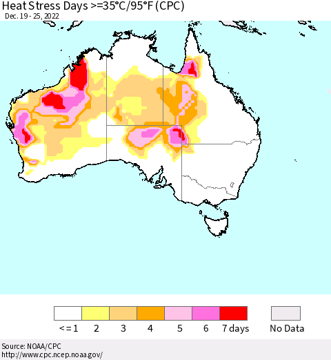 Australia Heat Stress Days >=35°C/95°F (CPC) Thematic Map For 12/19/2022 - 12/25/2022