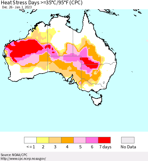 Australia Heat Stress Days >=35°C/95°F (CPC) Thematic Map For 12/26/2022 - 1/1/2023