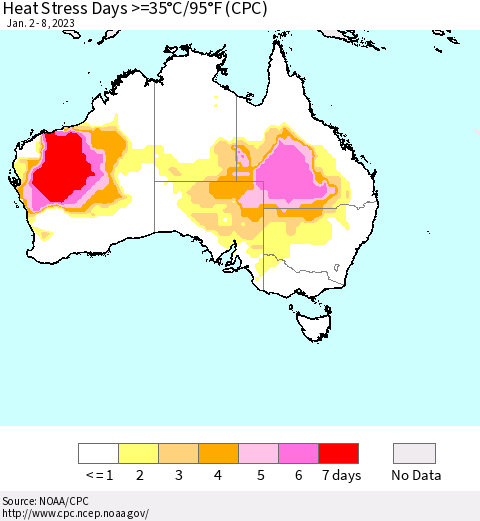 Australia Heat Stress Days >=35°C/95°F (CPC) Thematic Map For 1/2/2023 - 1/8/2023