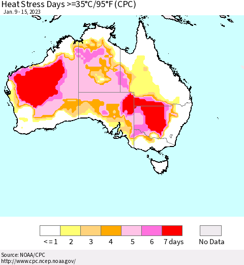 Australia Heat Stress Days >=35°C/95°F (CPC) Thematic Map For 1/9/2023 - 1/15/2023