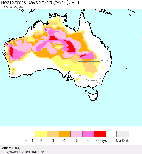 Australia Heat Stress Days >=35°C/95°F (CPC) Thematic Map For 1/16/2023 - 1/22/2023
